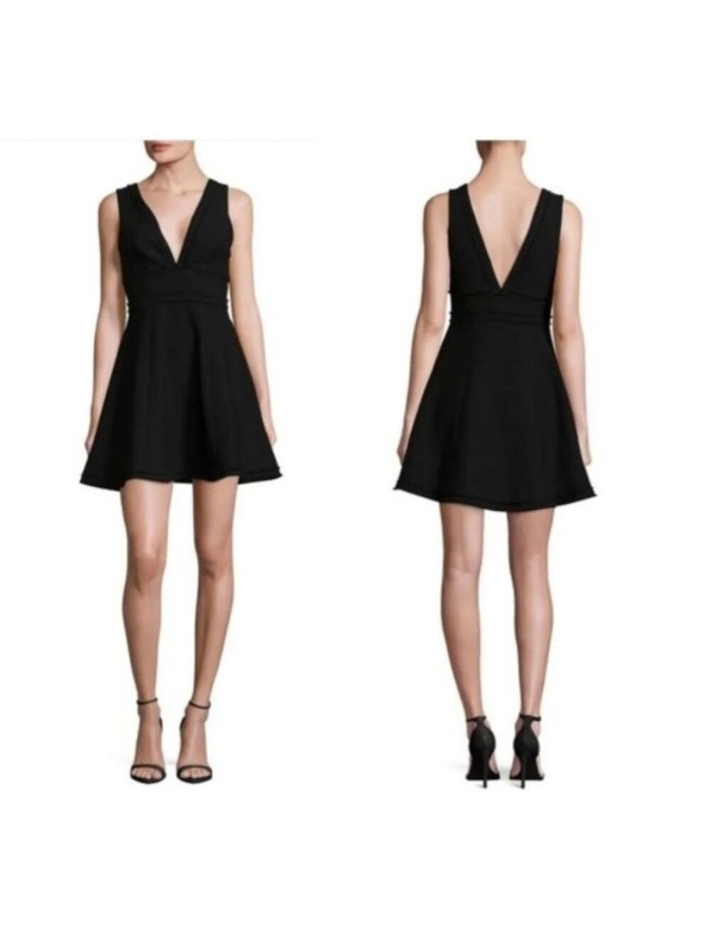 Cinq à Sept Aurora Fringe Fit & Flare Little Black Dress Sleeveless Plunge Neck